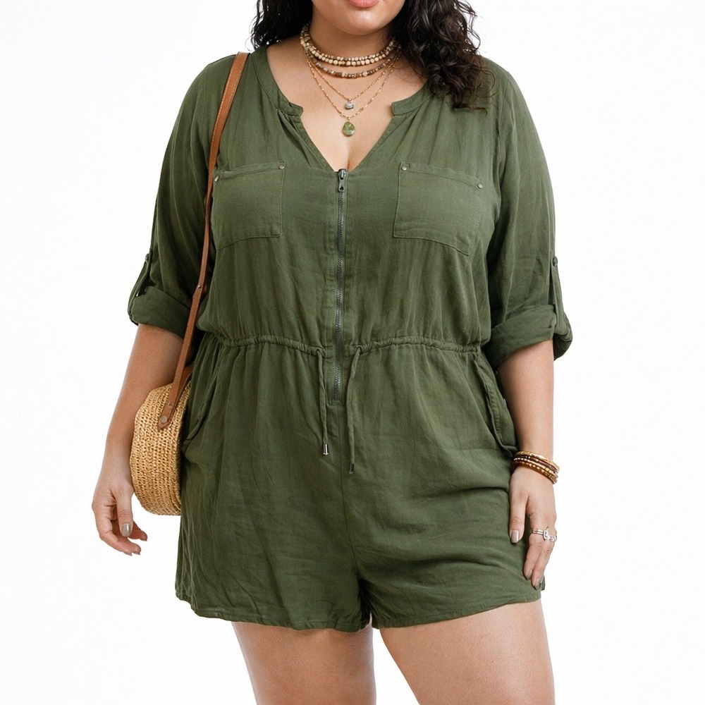 Torrid Challis Olive Green Zip Front Boho Utility Casual Romper Plus Size 1X